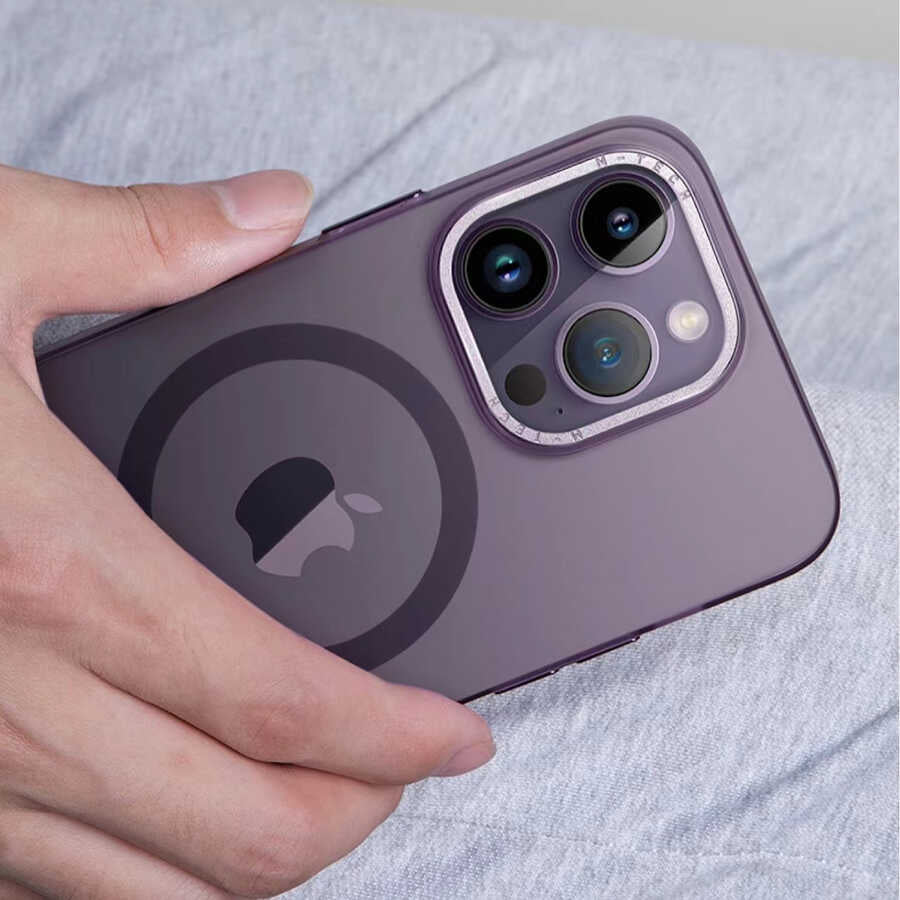 Apple iPhone 14 Pro Kılıf M-safe Şarj Özellikli Buzlu Sert PC Zore Tuval Kapak Derin Mor