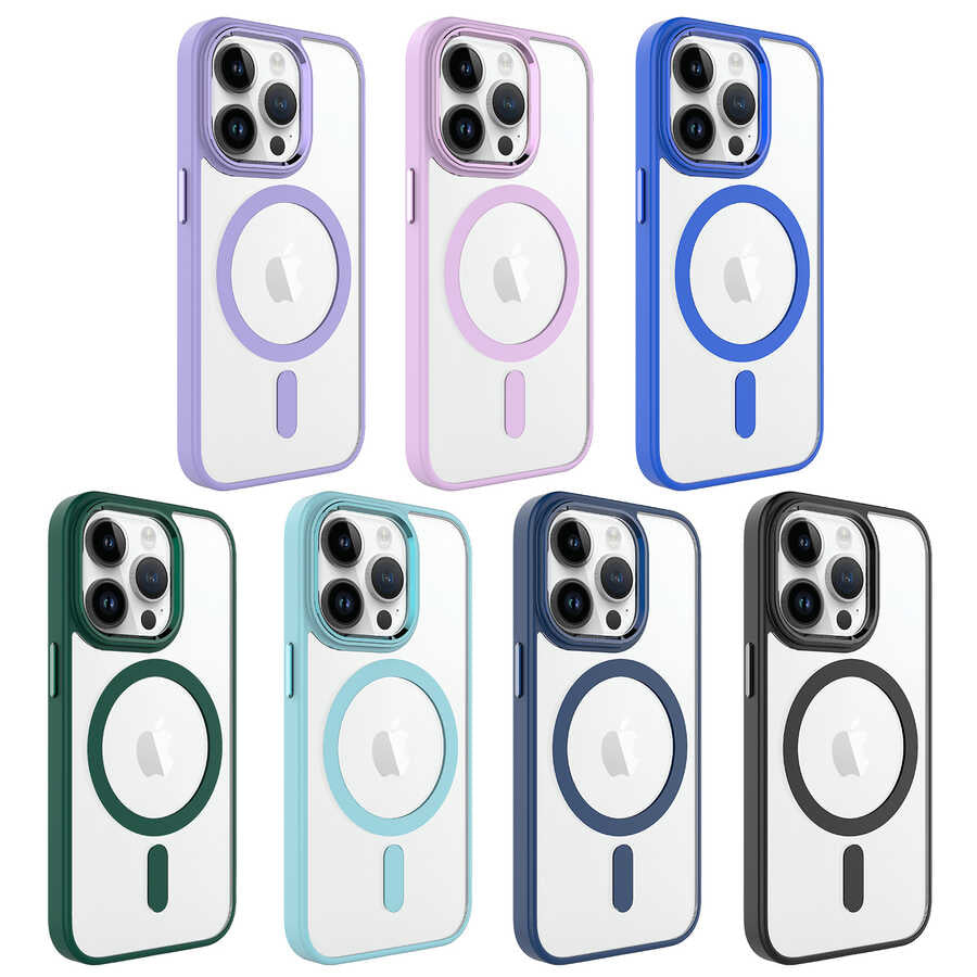 Apple iPhone 14 Pro Kılıf Wireless Şarj Özellikli Zore Krom M-safe Silikon Kapak Lavendery Gray