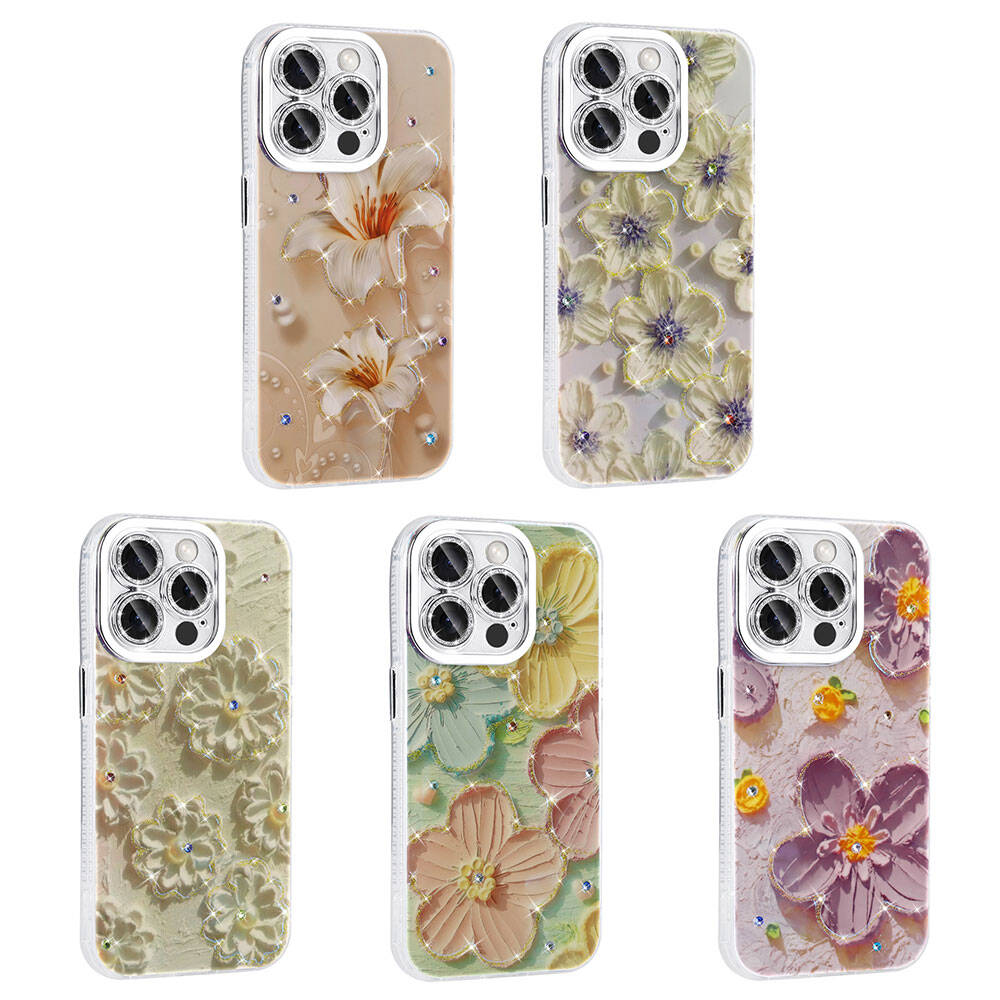 Apple iPhone 14 Pro Max Kılıf Çiçek Desenli Parlak Taşlı Sert Silikon Zore Garden Kapak Colorful