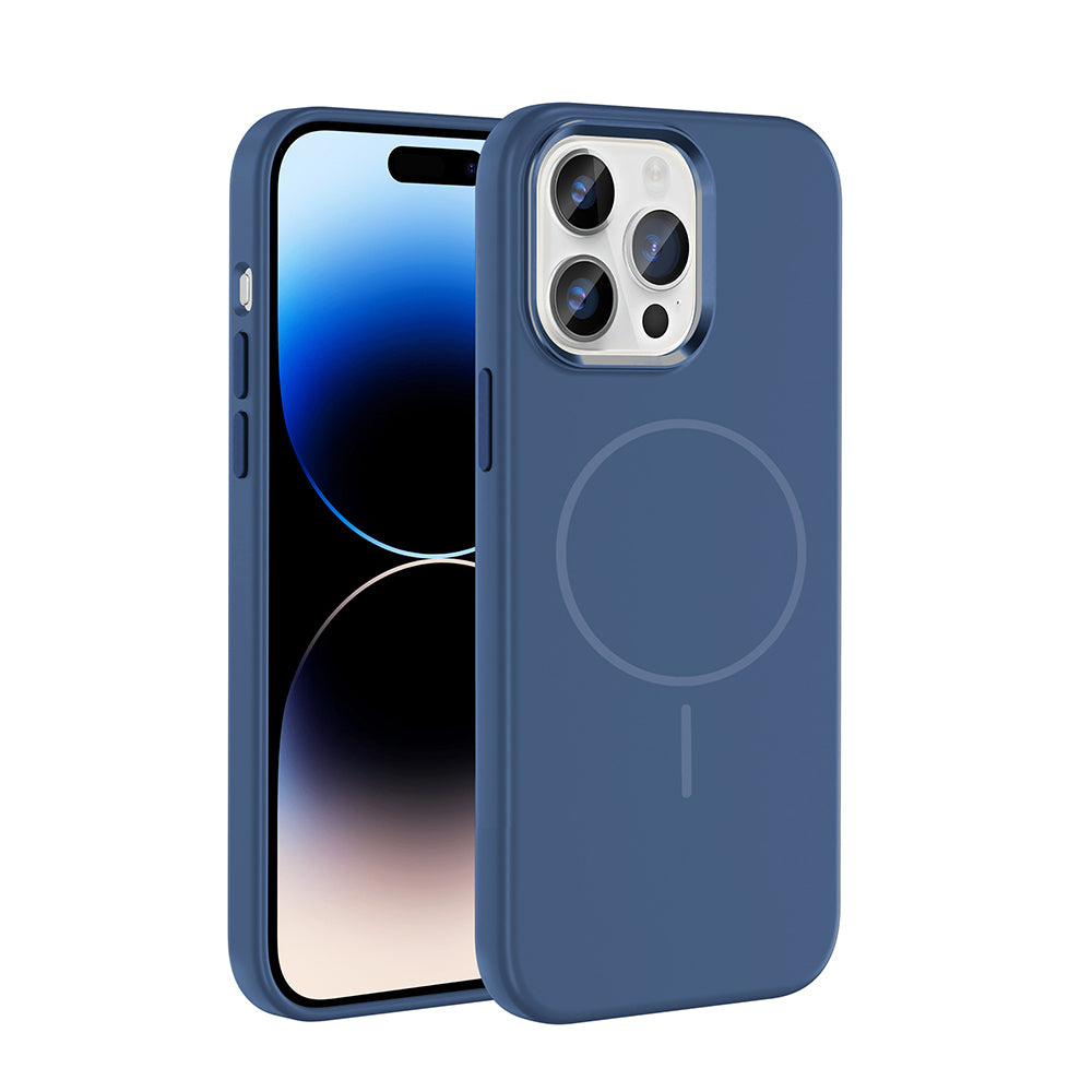 Apple iPhone 14 Pro Max Kılıf M-Safe Şarj Özellikli Metal Kamera Çerçeveli Zore Edi Silikon Kapak Lacivert