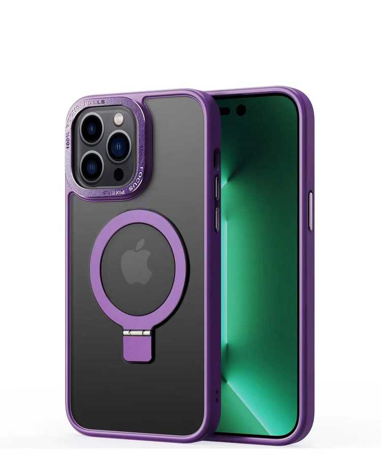 Apple iPhone 14 Pro Max Kılıf M-safe Wireless Şarj Özellikli Standlı Zore Ting Kapak Derin Mor