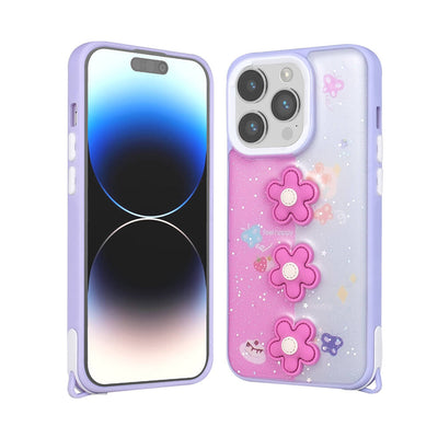 Apple iPhone 14 Pro Max Kılıf Parlayan Simli Kabartma Figürlü Zore Cevze Kapak Mor Ayı