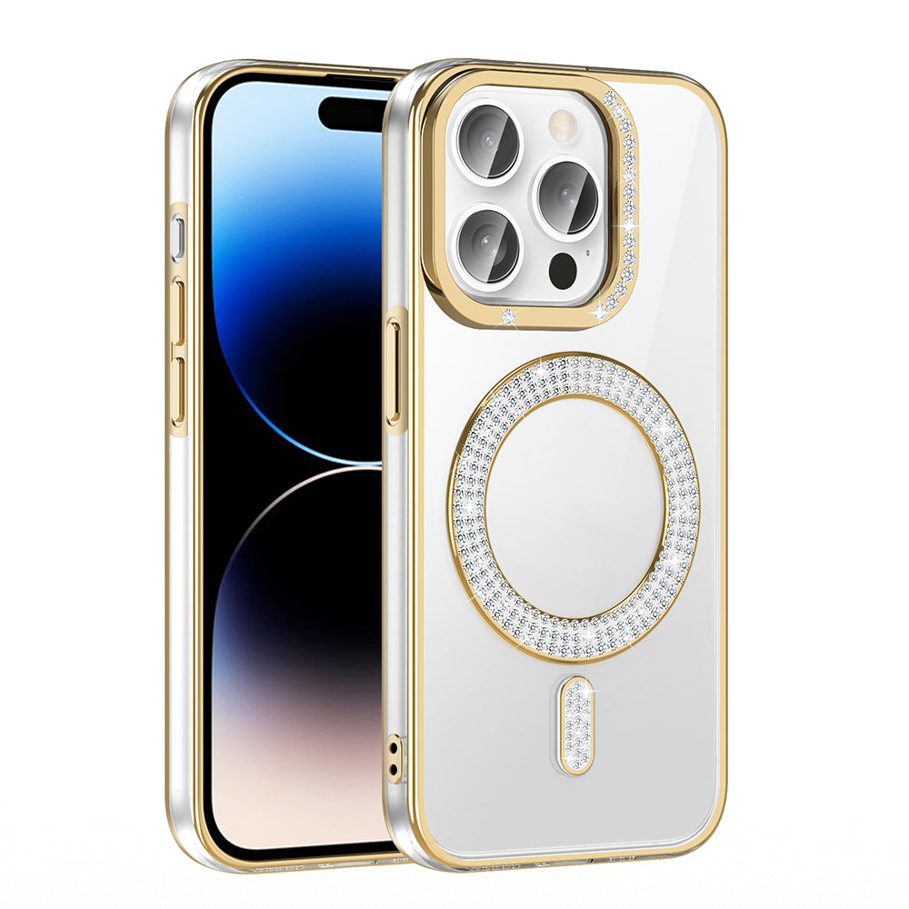 Apple iPhone 14 Pro Max Kılıf Pırlanta Taş Tasarımlı M-safe Şarj Özellikli Zore Karetta Silikon Kapak Mavi