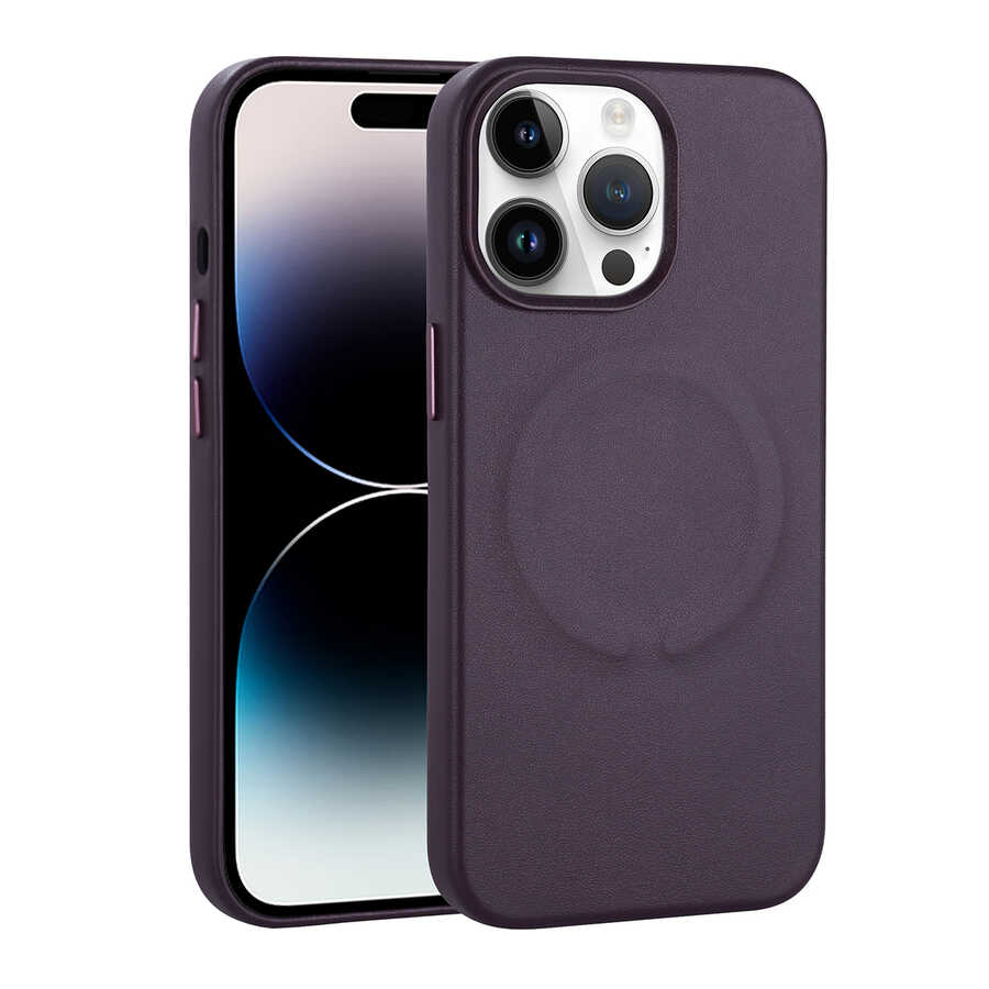 Apple iPhone 14 Pro Max Kılıf PU Deri M-safe Wireless Şarj Özellikli Zore Derix Kapak Derin Mor