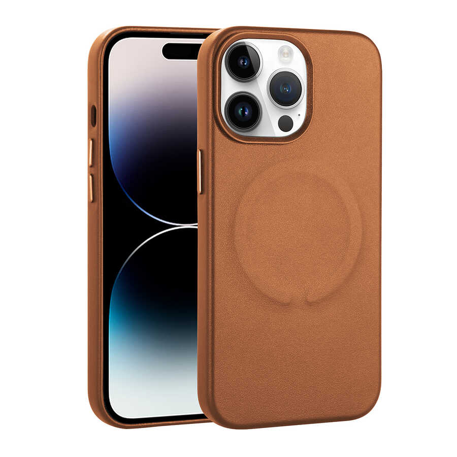 Apple iPhone 14 Pro Max Kılıf PU Deri M-safe Wireless Şarj Özellikli Zore Derix Kapak Kahverengi