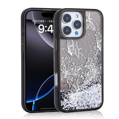 Apple iPhone 14 Pro Max Kılıf Sıvılı Simli Kelebek Baskılı Şeffaf Arka Yüzey Zore Glis Silikon Kapak Mor