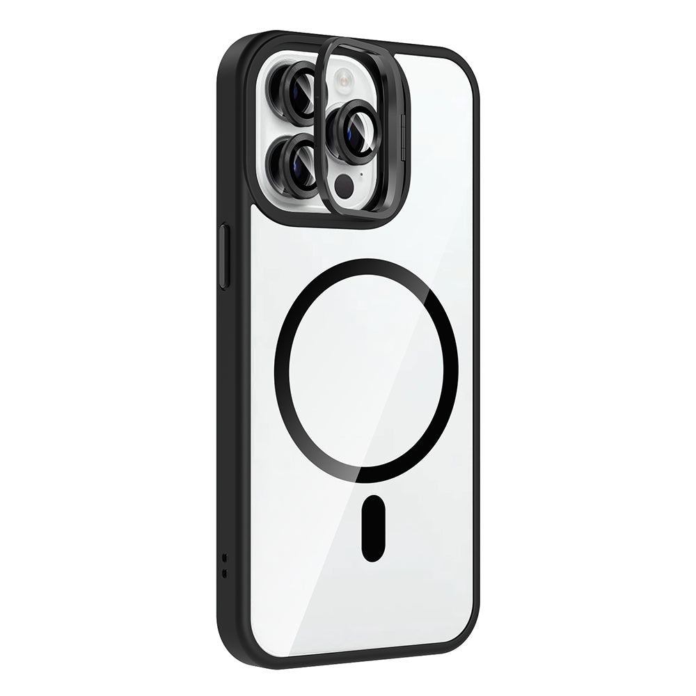 Apple iPhone 14 Pro Max Kılıf Standlı ve Kamera Lens Hediyeli M-Safe Şarj Özellikli Zore Etro Kapak Siyah