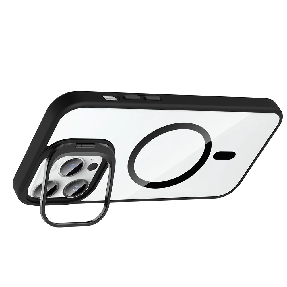 Apple iPhone 14 Pro Max Kılıf Standlı ve Kamera Lens Hediyeli M-Safe Şarj Özellikli Zore Etro Kapak Siyah