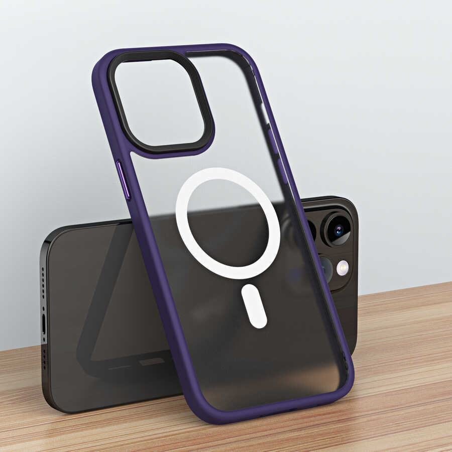 Apple iPhone 14 Pro Max Kılıf Wireless Şarj Özellikli Zore Hibrit M-safe Kapak Gri