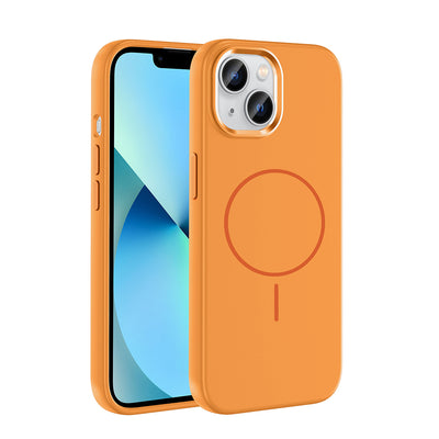 Apple iPhone 15 Kılıf M-Safe Şarj Özellikli Metal Kamera Çerçeveli Zore Edi Silikon Kapak Turuncu