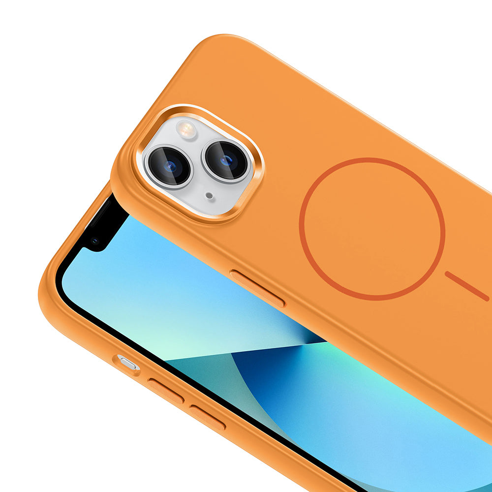 Apple iPhone 15 Kılıf M-Safe Şarj Özellikli Metal Kamera Çerçeveli Zore Edi Silikon Kapak Turuncu