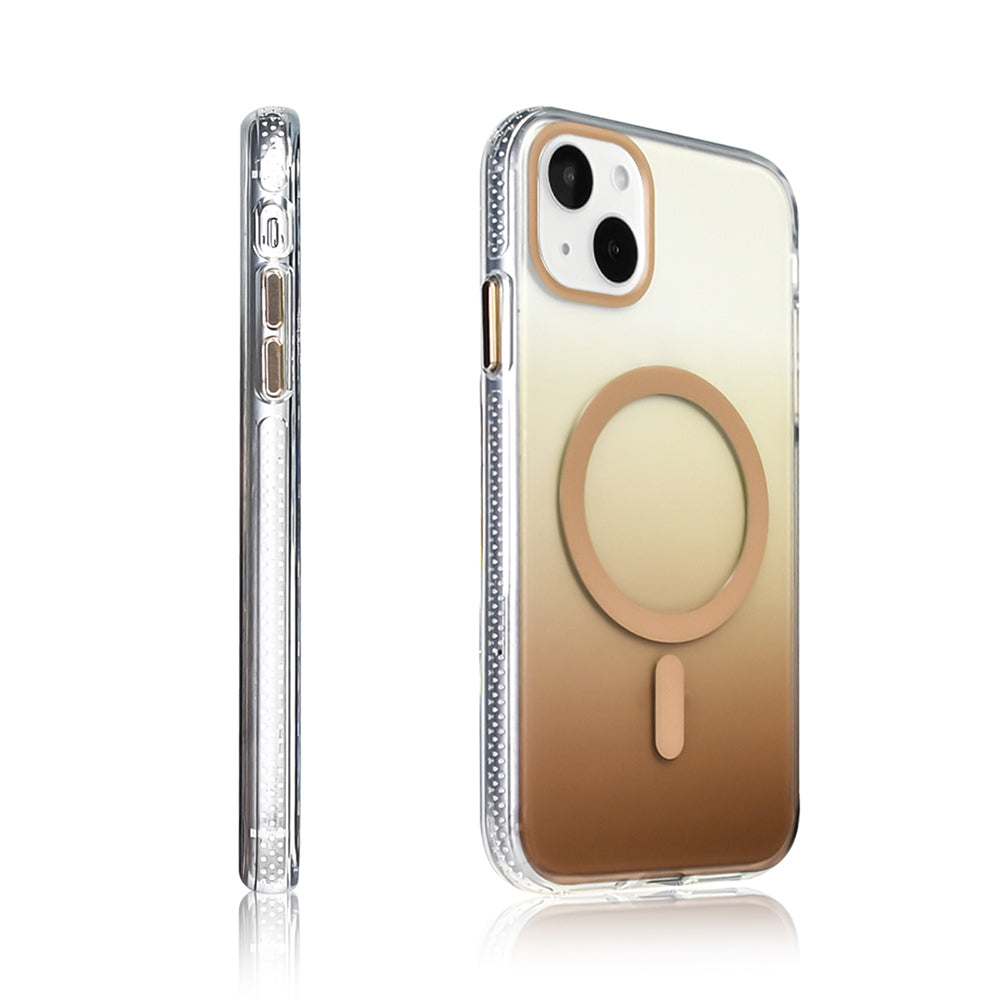 Apple iPhone 15 Kılıf M-safe Şarj Özellikli Transparan Renk Geçişli Zore Toros Kapak Gold