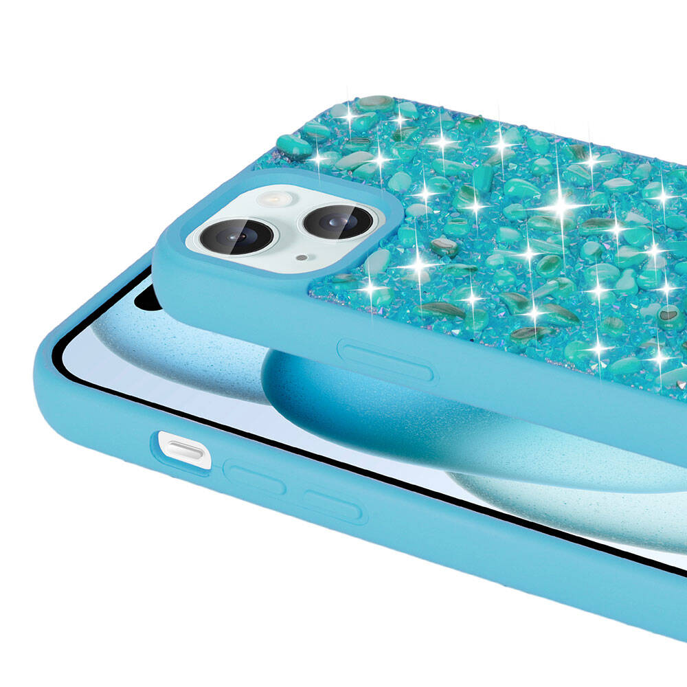 Apple iPhone 15 Kılıf Parlak Taşlı Tasarım Zore Linea Diamond Kapak Mavi Açık