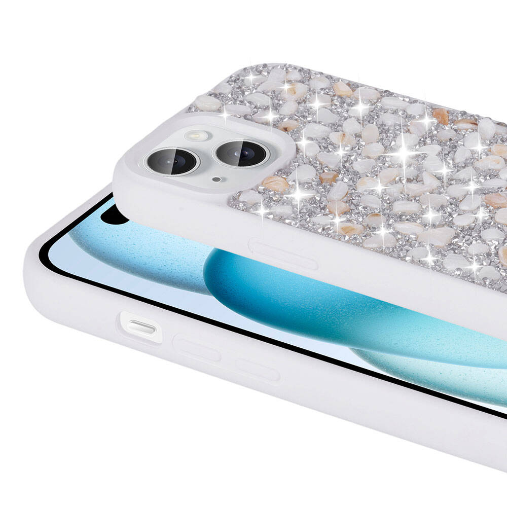 Apple iPhone 15 Kılıf Parlak Taşlı Tasarım Zore Linea Diamond Kapak Beyaz