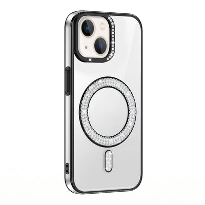 Apple iPhone 15 Kılıf Pırlanta Taş Tasarımlı M-safe Şarj Özellikli Zore Karetta Silikon Kapak Siyah