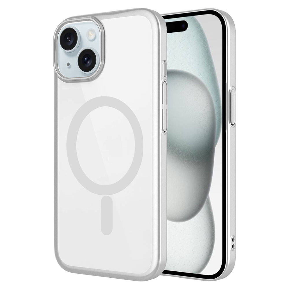 Apple iPhone 15 Kılıf Wireless Şarj Özellikli Sert PC Zore Mat Riksos M-safe Kapak Gümüş