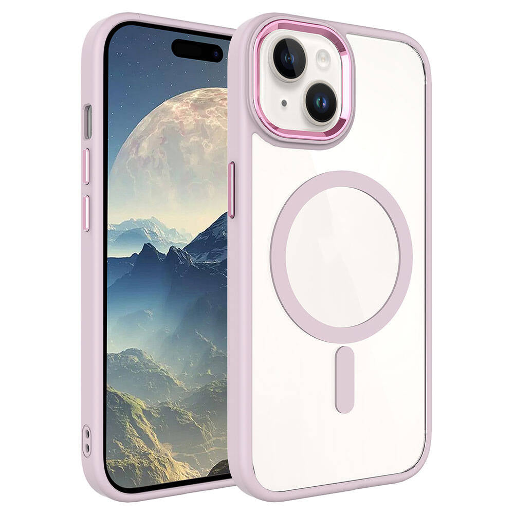 Apple iPhone 15 Kılıf Wireless Şarj Özellikli Zore Krom M-safe Silikon Kapak Pembe Açık