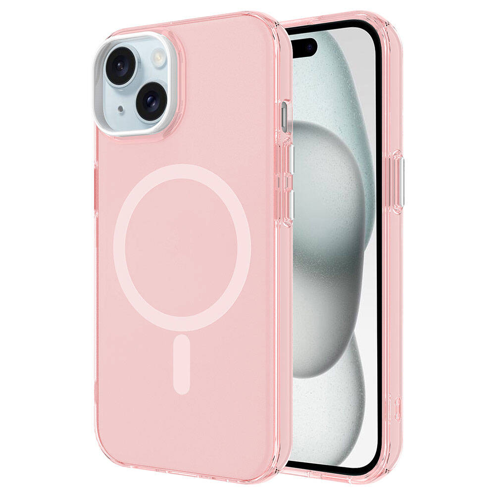 Apple iPhone 15 Kılıf Zore M-safe Şarj Özellikli Buzlu Transparan C-Pro Sert Kapak Pembe