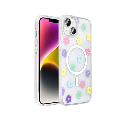 Apple iPhone 15 Plus Kılıf M-Safe Şarj Özellikli Şeffaf Zore Folk Sert Kapak Çilek
