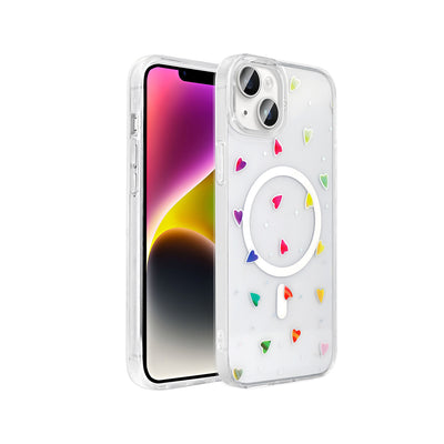 Apple iPhone 15 Plus Kılıf M-Safe Şarj Özellikli Şeffaf Zore Folk Sert Kapak Kalp