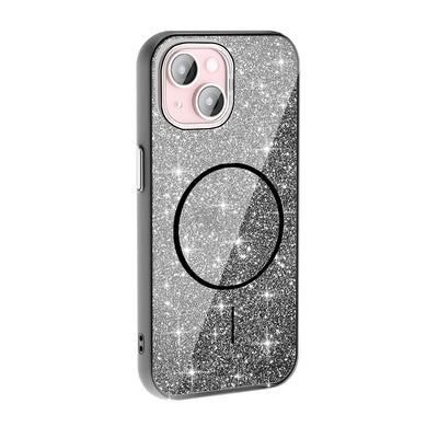 Apple iPhone 15 Plus Kılıf M-safe Şarj Özellikli Parlayan Simli Zore Okso Kapak Pembe