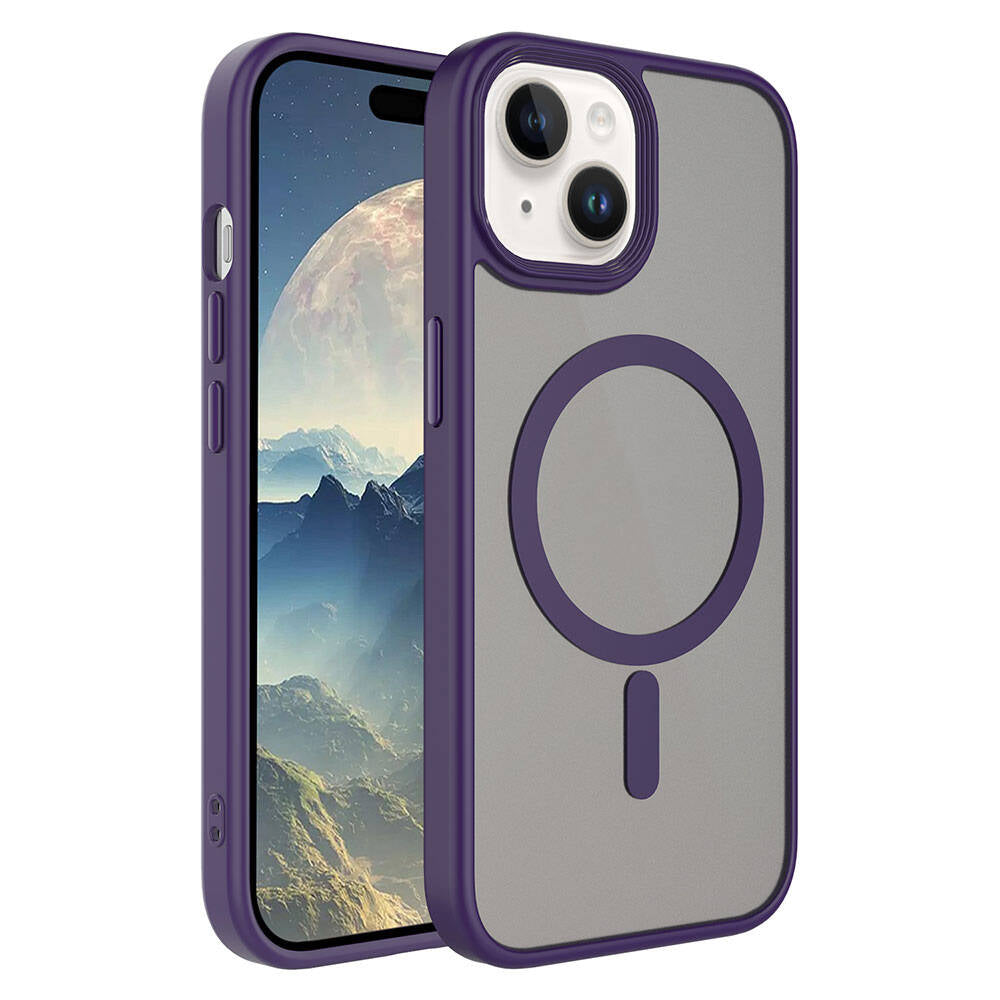 Apple iPhone 15 Plus Kılıf Mat Arka Yüzey Wireless Şarj Özellikli Zore Flet M-safe Kapak Derin Mor
