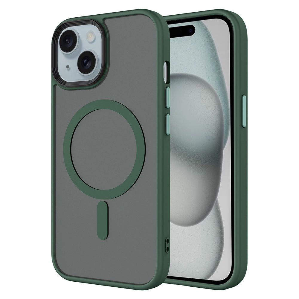 Apple iPhone 15 Plus Kılıf Mat Arka Yüzey Wireless Şarj Özellikli Zore Flet M-safe Kapak Koyu Yeşil