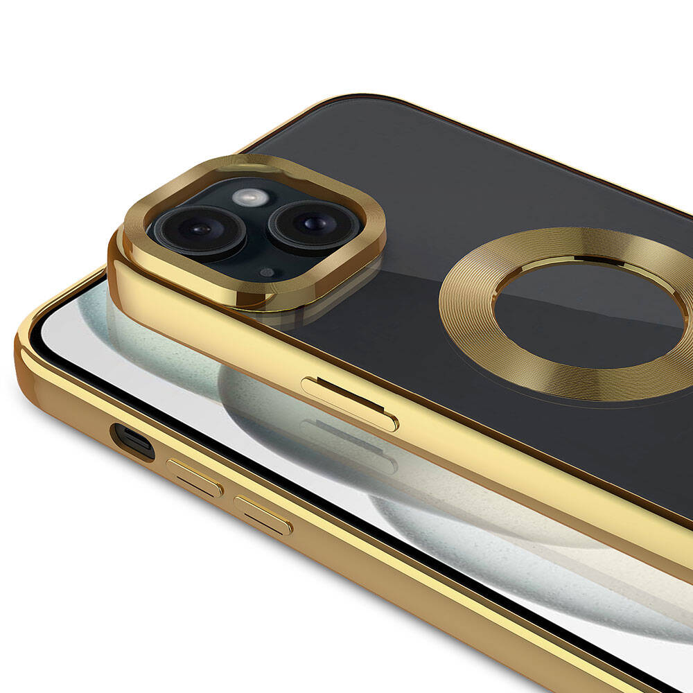 Apple iPhone 15 Plus Kılıf Tek Kamera Çerçeveli Logo Gösteren Zore Omega Kapak Gold