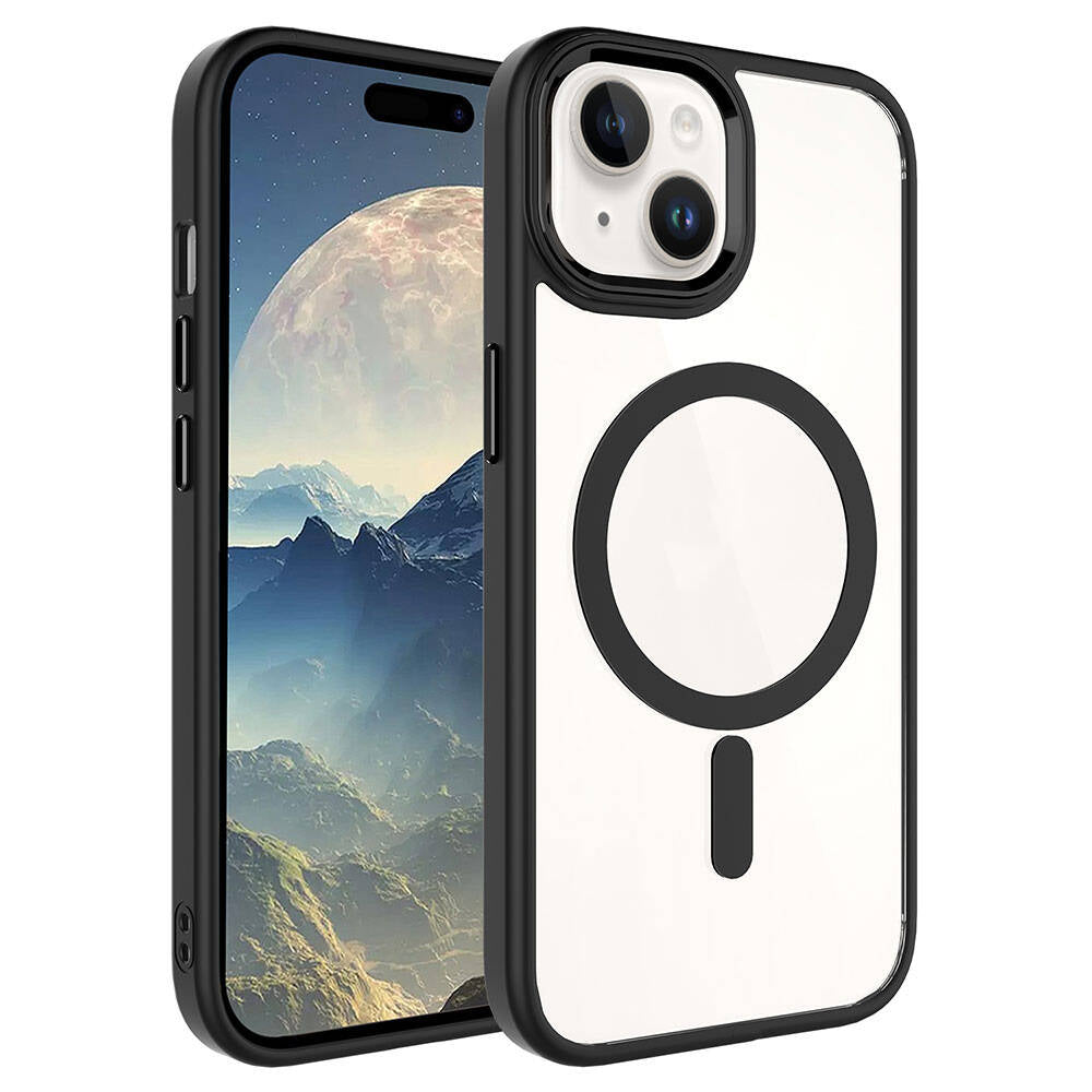 Apple iPhone 15 Plus Kılıf Wireless Şarj Özellikli Zore Krom M-safe Silikon Kapak Siyah