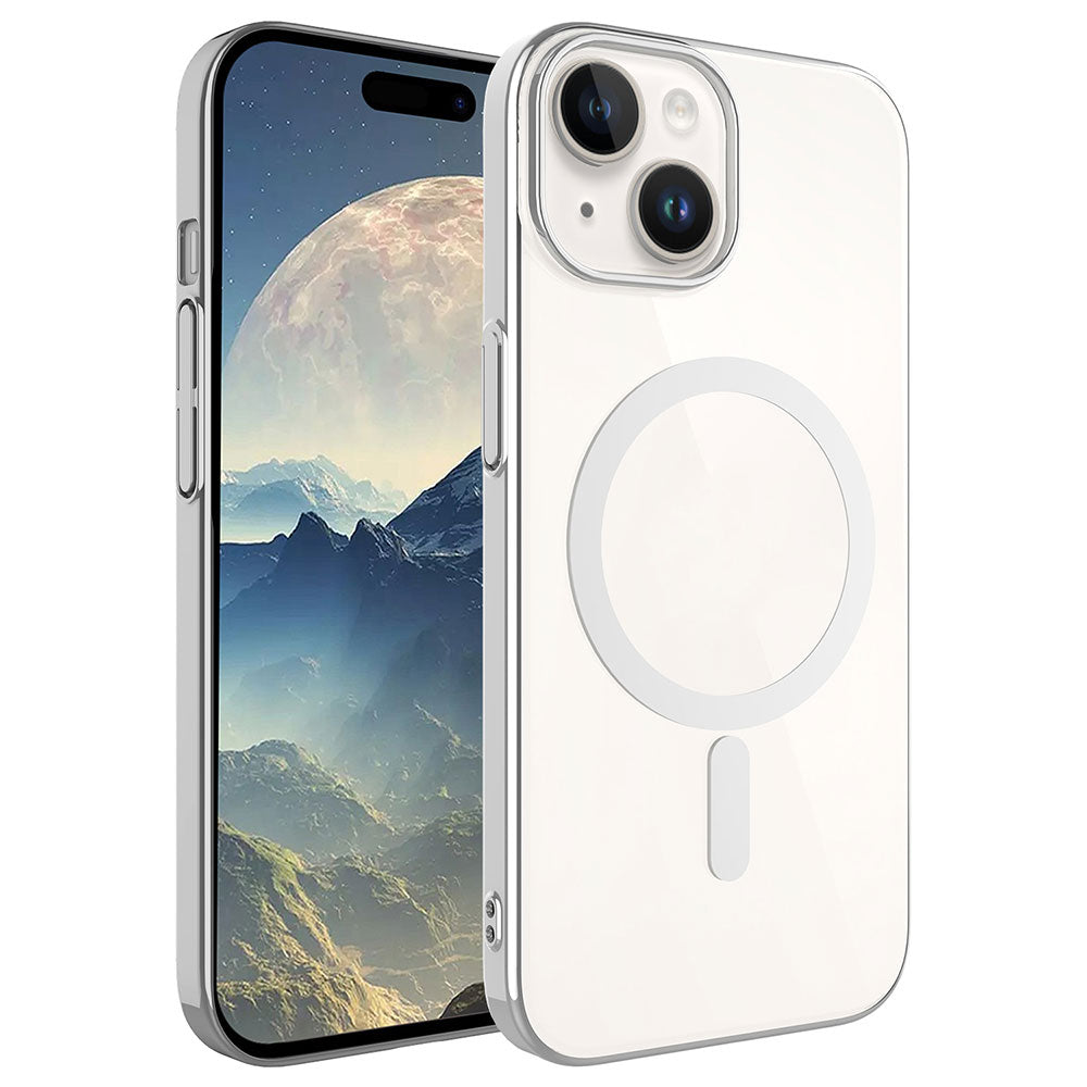 Apple iPhone 15 Plus Kılıf Zore Wireless Şarj Özellikli Pixel M-safe Kapak Gümüş