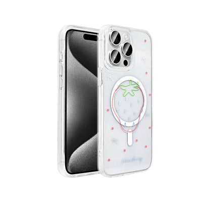 Apple iPhone 15 Pro Kılıf M-Safe Şarj Özellikli Şeffaf Zore Folk Sert Kapak Çilek