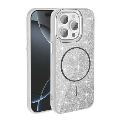 Apple iPhone 15 Pro Kılıf M-safe Şarj Özellikli Parlayan Simli Zore Okso Kapak Pembe