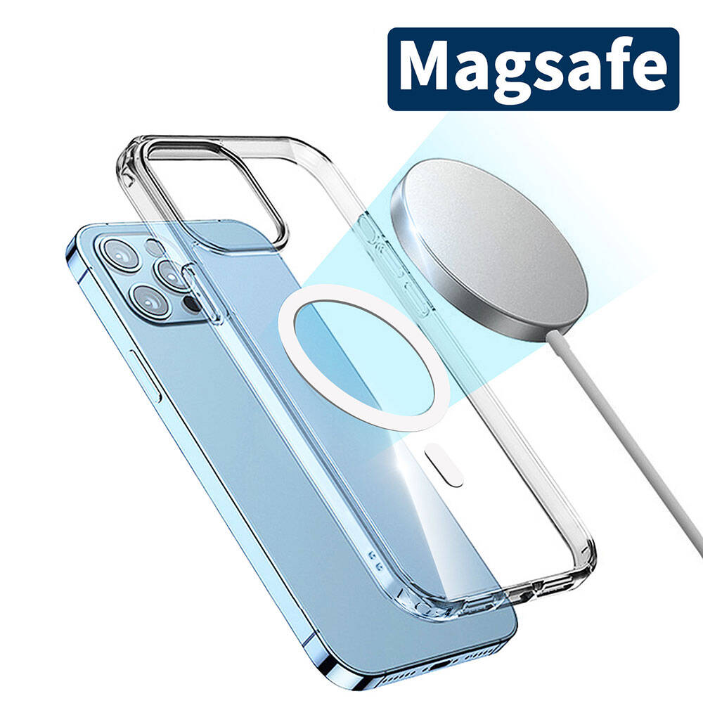 Apple iPhone 15 Pro Kılıf M-safe Şarj Özellikli Şeffaf Sert PC Zore Embos Kapak Renksiz