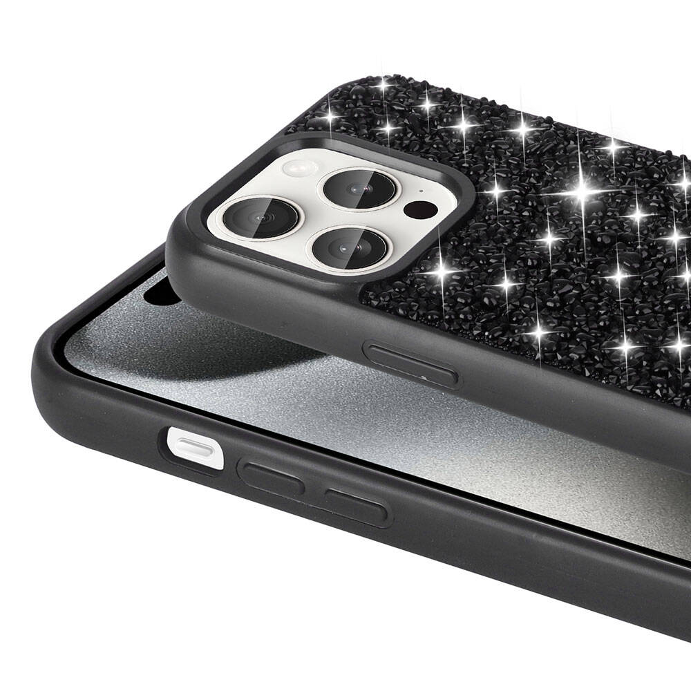 Apple iPhone 15 Pro Kılıf Parlak Taşlı Tasarım Zore Linea Diamond Kapak Siyah