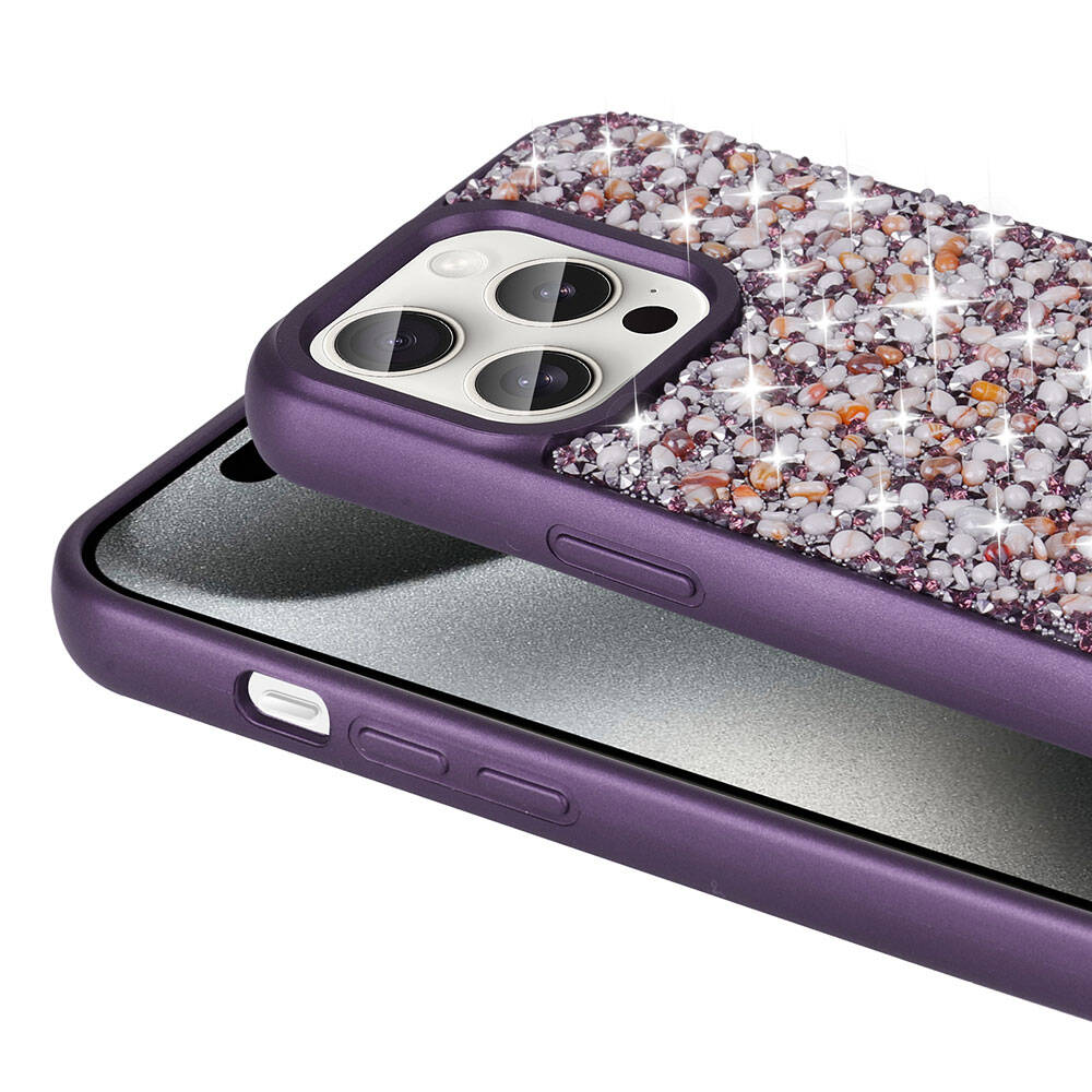 Apple iPhone 15 Pro Kılıf Parlak Taşlı Tasarım Zore Linea Diamond Kapak Açık Yeşil