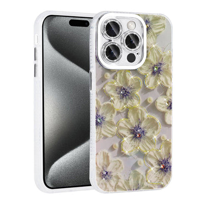 Apple iPhone 15 Pro Max Kılıf Çiçek Desenli Parlak Taşlı Sert Silikon Zore Garden Kapak Mavi