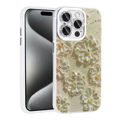Apple iPhone 15 Pro Max Kılıf Çiçek Desenli Parlak Taşlı Sert Silikon Zore Garden Kapak Beyaz