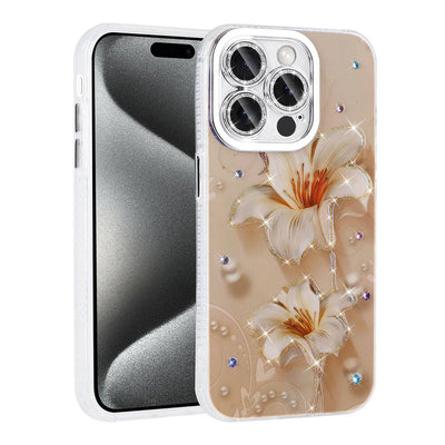 Apple iPhone 15 Pro Max Kılıf Çiçek Desenli Parlak Taşlı Sert Silikon Zore Garden Kapak Pembe Açık