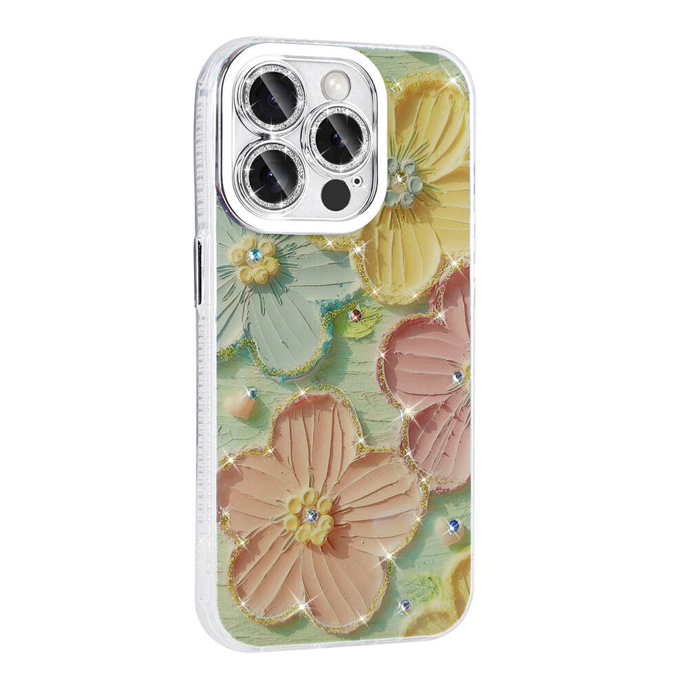 Apple iPhone 15 Pro Max Kılıf Çiçek Desenli Parlak Taşlı Sert Silikon Zore Garden Kapak Pembe Açık