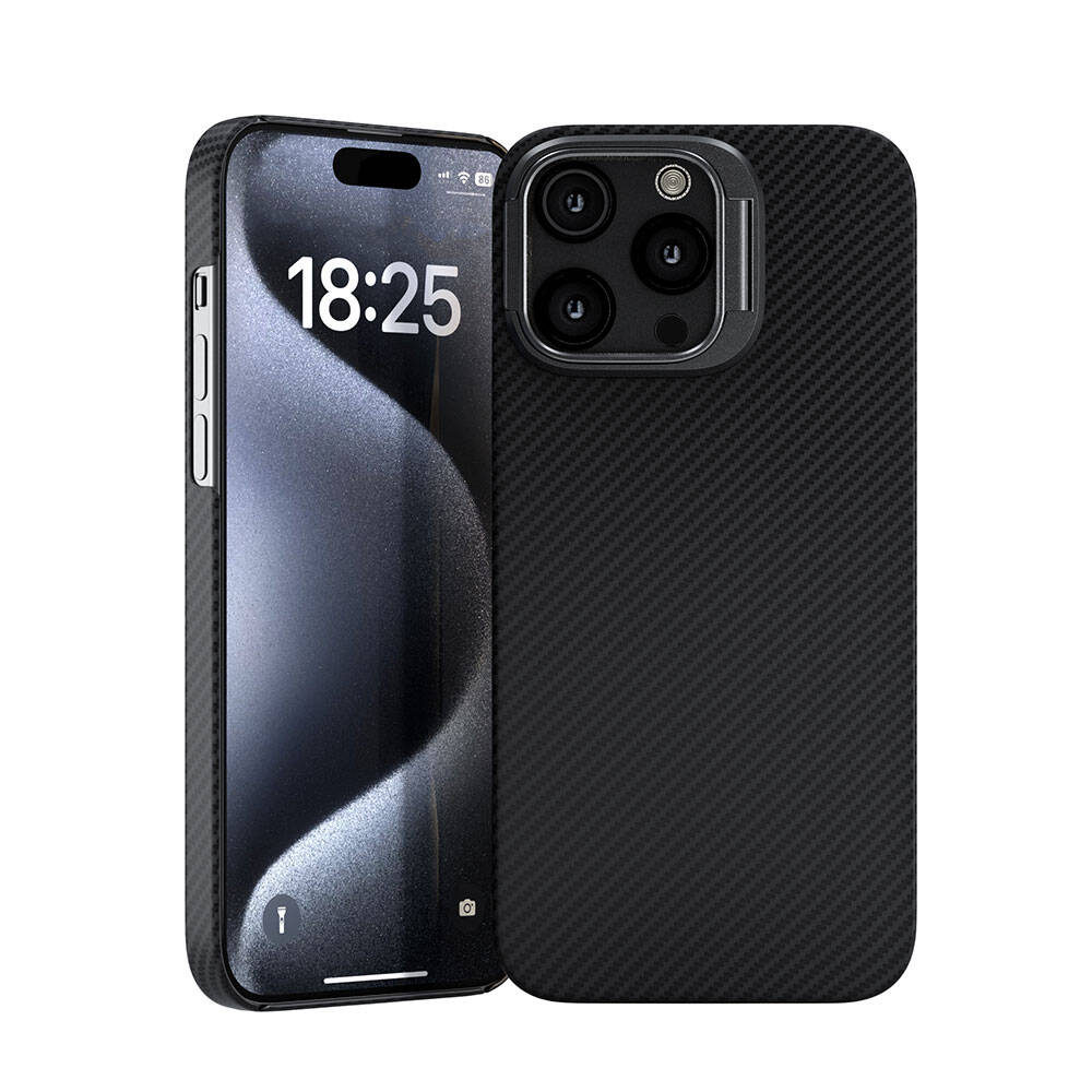 Apple iPhone 15 Pro Max Kılıf M-safe Şarj Özellikli 600D Kevlar Zore Krek Karbon Standlı Kapak Siyah