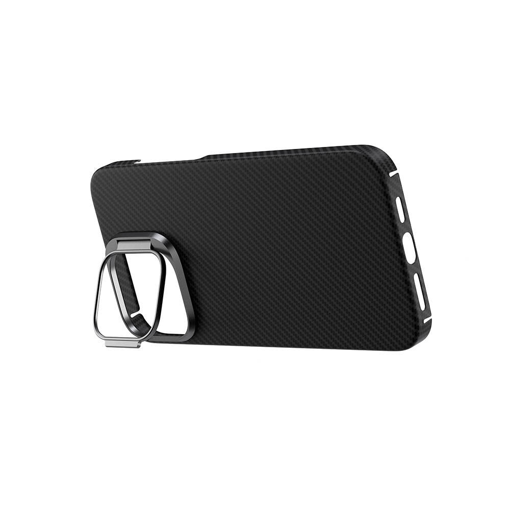 Apple iPhone 15 Pro Max Kılıf M-safe Şarj Özellikli 600D Kevlar Zore Krek Karbon Standlı Kapak Siyah