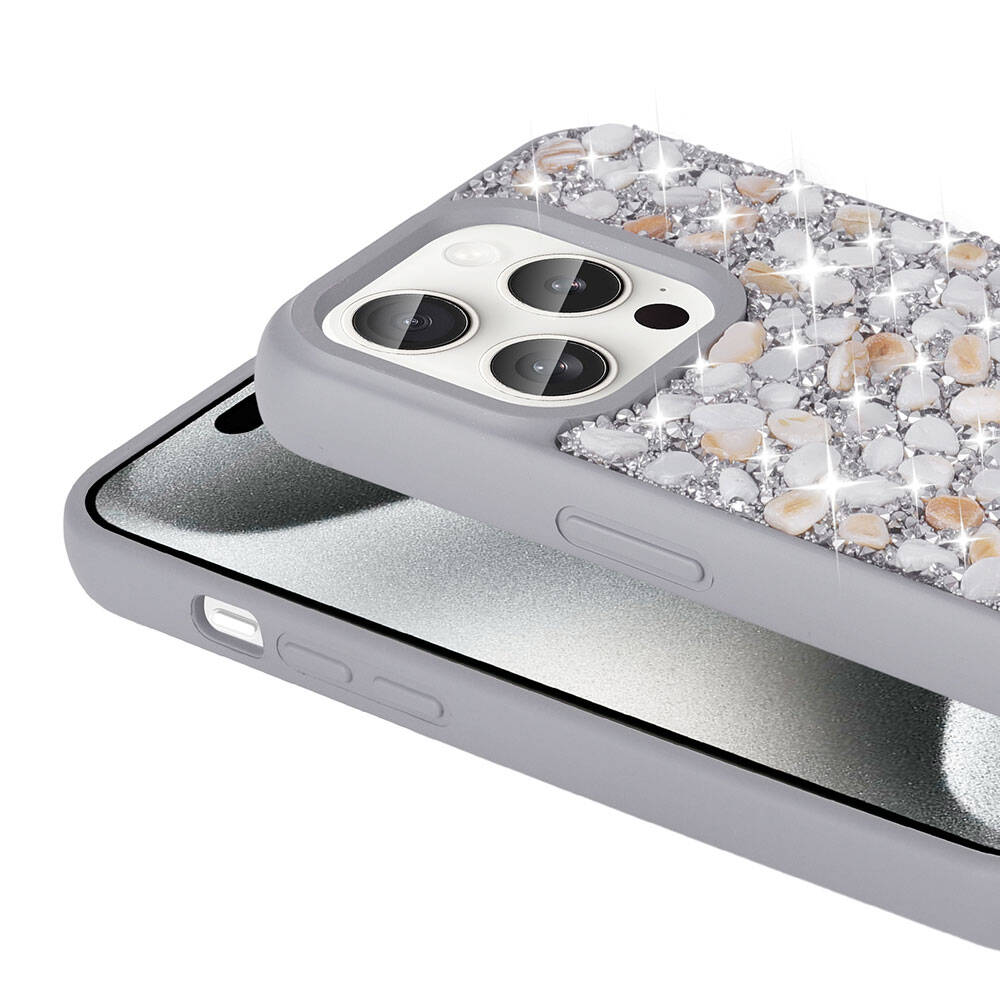Apple iPhone 15 Pro Max Kılıf Parlak Taşlı Tasarım Zore Linea Diamond Kapak Gümüş