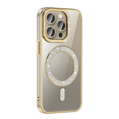 Apple iPhone 15 Pro Max Kılıf Pırlanta Taş Tasarımlı M-safe Şarj Özellikli Zore Karetta Silikon Kapak Gold