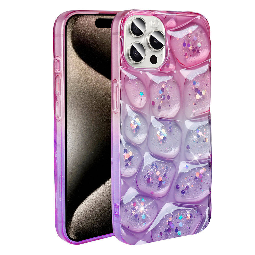 Apple iPhone 15 Pro Max Kılıf Simli 3D Desenli Zore Hacar Kapak Mor-Mavi