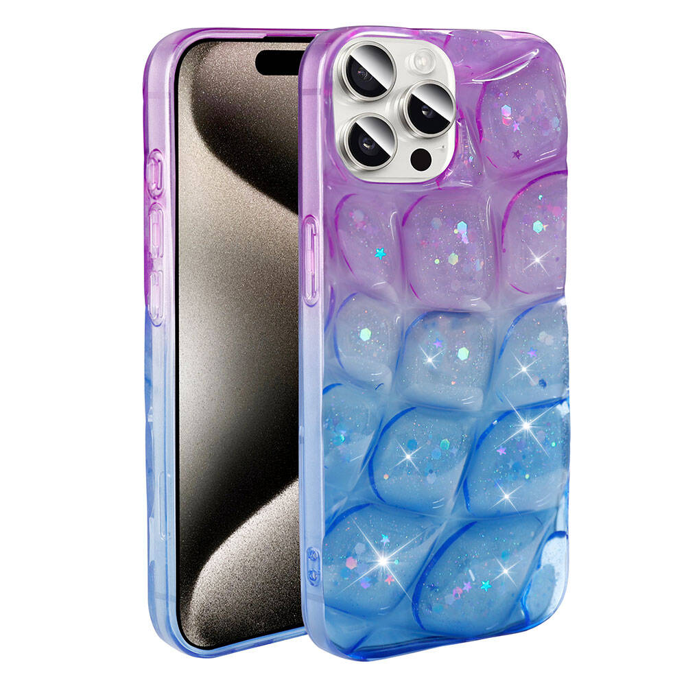 Apple iPhone 15 Pro Max Kılıf Simli 3D Desenli Zore Hacar Kapak Mor-Mavi