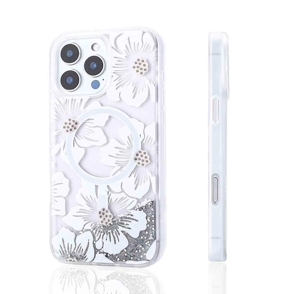 Apple iPhone 15 Pro Max Kılıf Sıvılı Simli Baskılı Şeffaf Arka Yüzey Zore Mossa Silikon Kapak Sarı