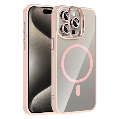 Apple iPhone 15 Pro Max Kılıf Standlı ve Kamera Lens Hediyeli M-Safe Şarj Özellikli Zore Etro Kapak Pembe