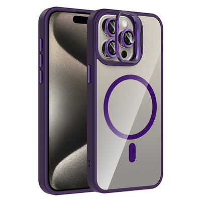 Apple iPhone 15 Pro Max Kılıf Standlı ve Kamera Lens Hediyeli M-Safe Şarj Özellikli Zore Etro Kapak Pembe
