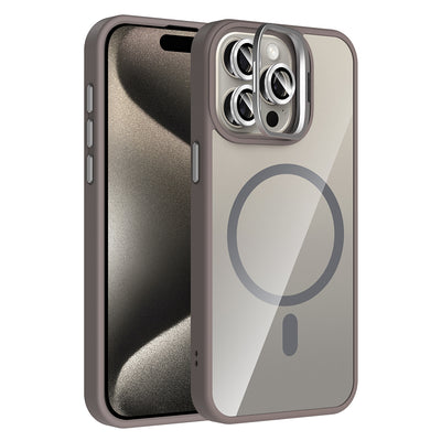 Apple iPhone 15 Pro Max Kılıf Standlı ve Kamera Lens Hediyeli M-Safe Şarj Özellikli Zore Etro Kapak Gri