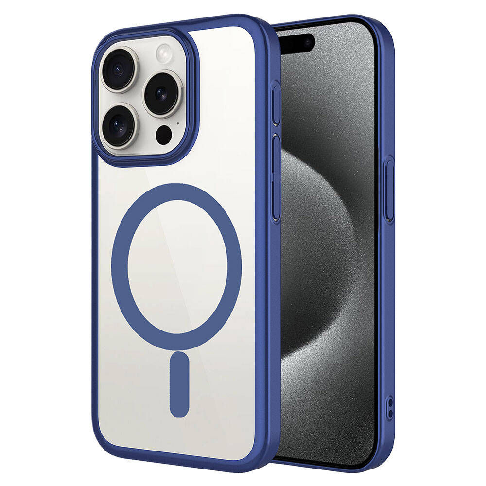 Apple iPhone 15 Pro Max Kılıf Wireless Şarj Özellikli Sert PC Zore Mat Riksos M-safe Kapak Lacivert